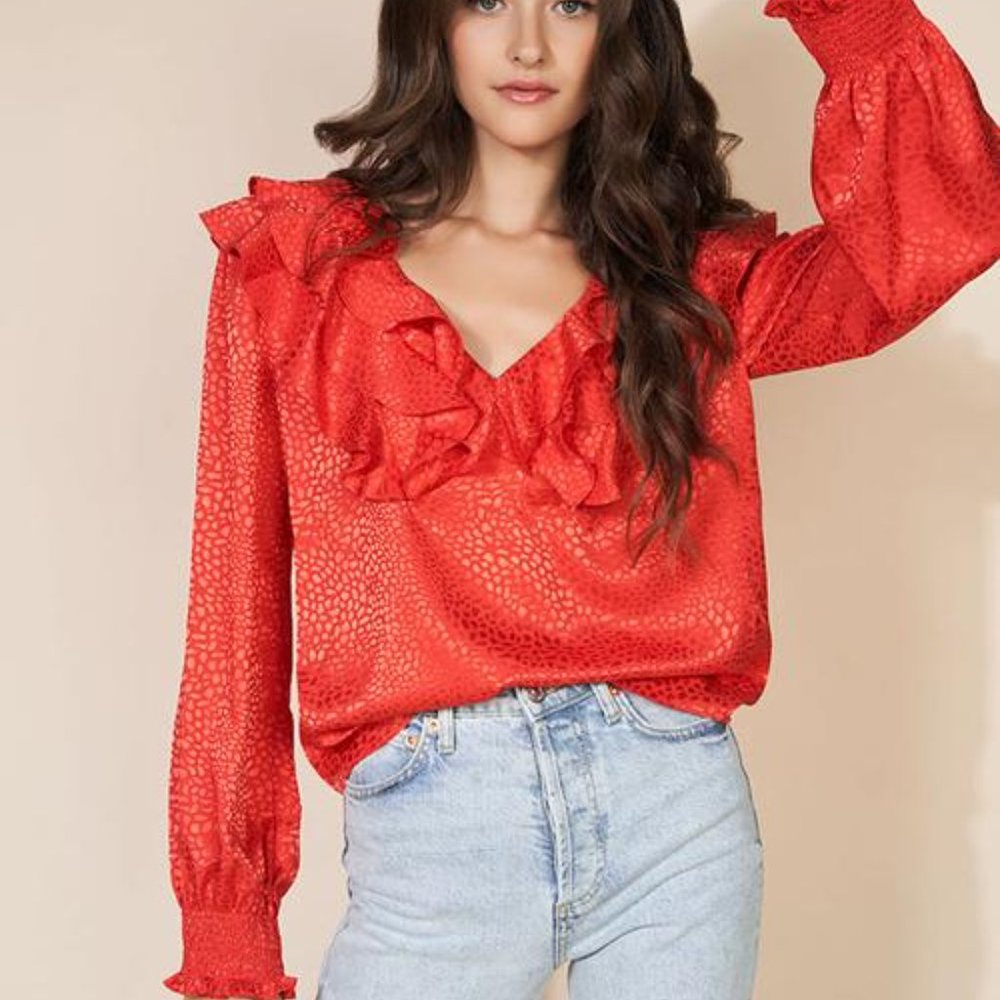 NEW Hutch Anthropologie Red Ruffle Blouse SMALL V Neck Long Sleeve Holiday